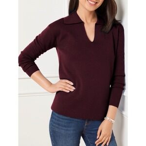 Talbots Sweater Milano Stitch Johnny Collar M Wool Blend Burgundy Split Hem EUC